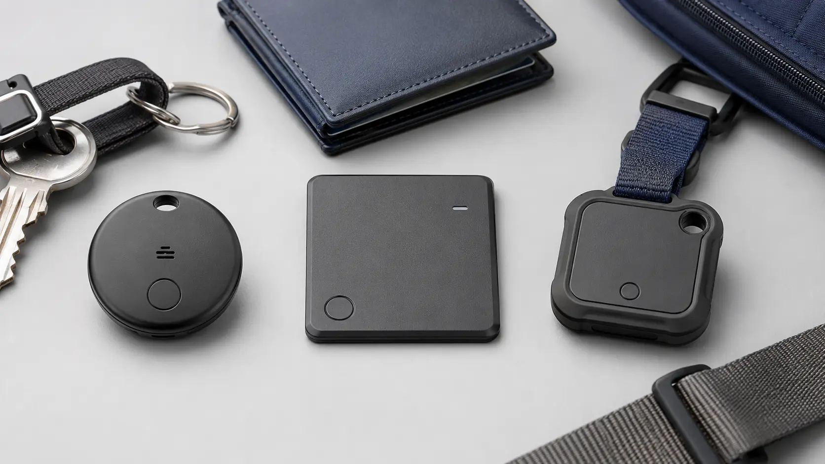 Three unbranded Bluetooth tracker tag form factors for keys, wallets and luggage