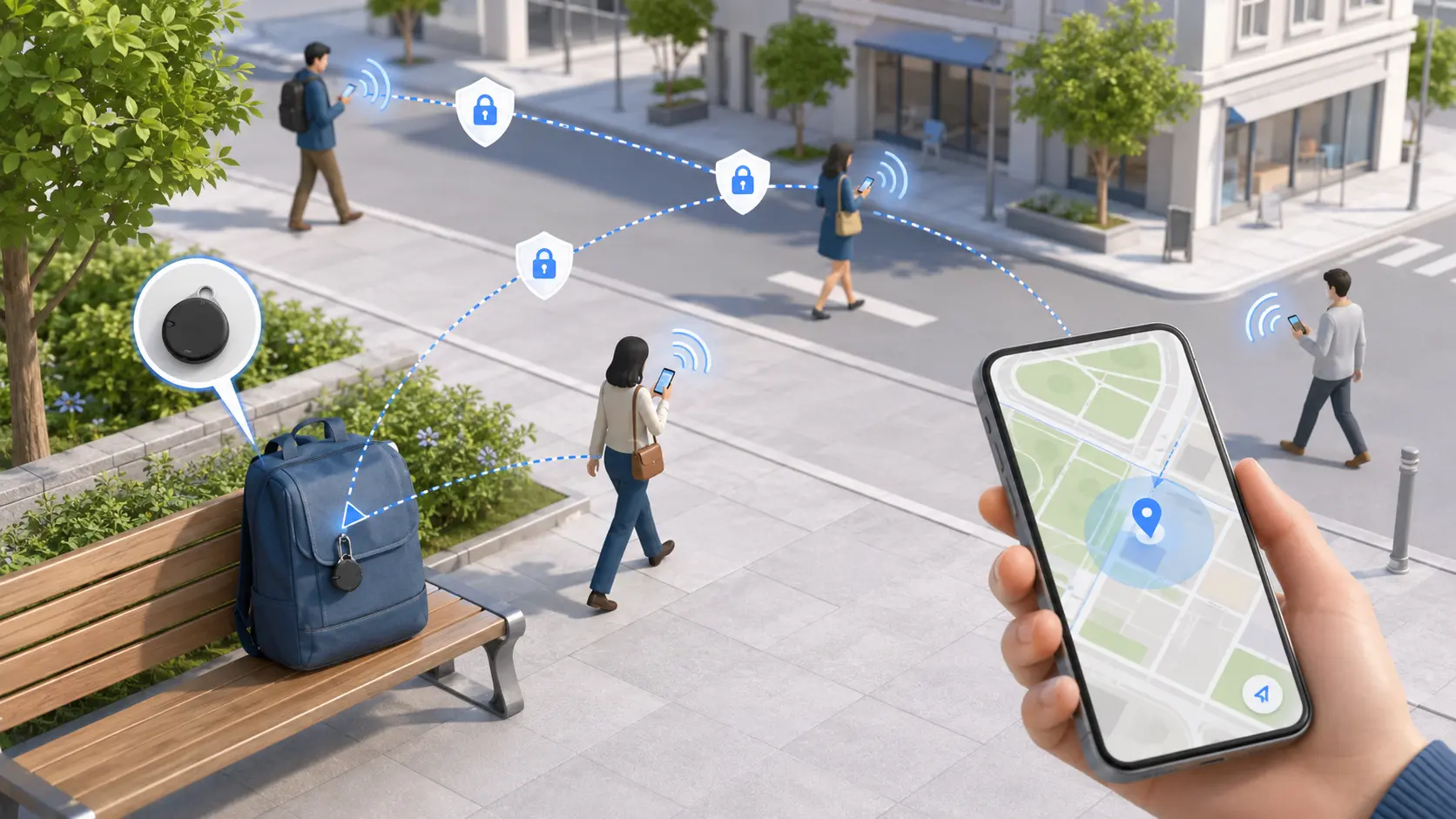 Crowdsourced Android finding network locating a Bluetooth tracker on a lost backpack