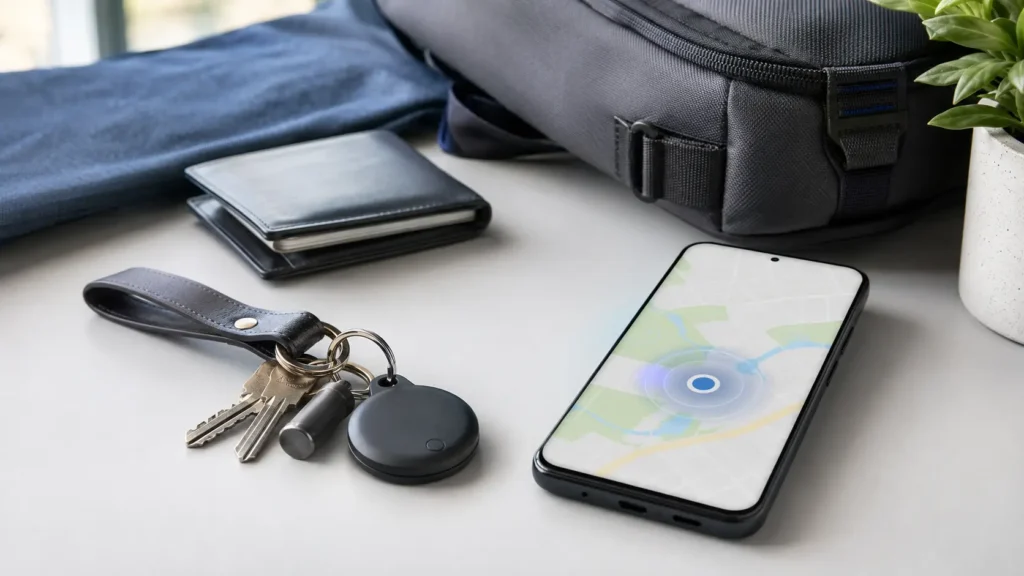 Google Find Hub compatible tracker tag beside keys and an Android phone map