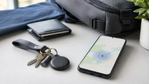 Google Find Hub compatible tracker tag beside keys and an Android phone map